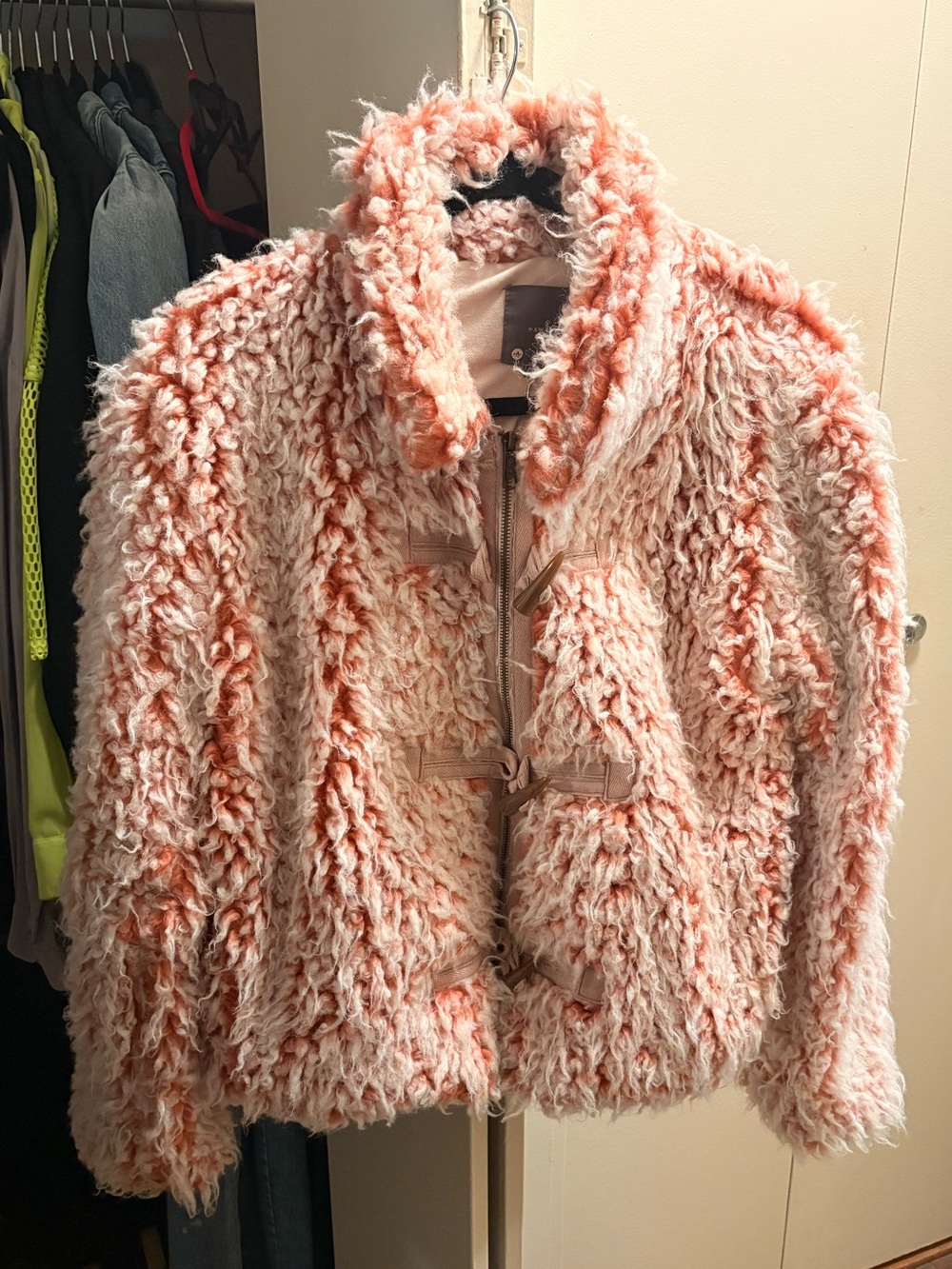 Anthropologie Peach and Cream Faux-Shearling Toggle Jacket
